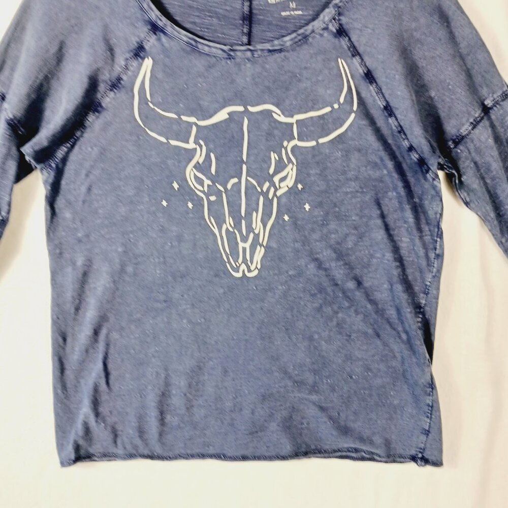 Lucky Brand, Western, Steer Skull, Navy, 3/4 Sleeve  Cotton Tee,  Medium - Picture 12 of 16